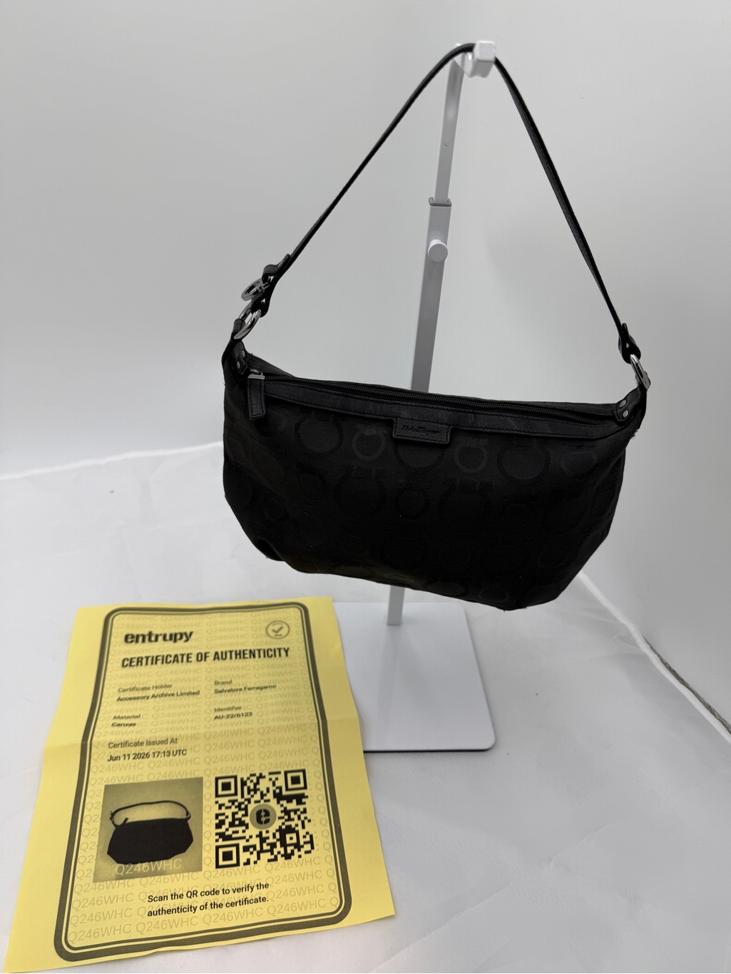 Authentic Salvatore Ferragamo Gancini Monogram Canvas Baguette Shoulder Bag Coa
